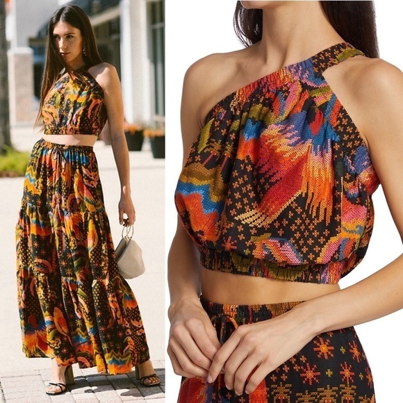 NWT FARM RIO Linen Tropical Faux Embroidery Sleeveless One Shoulder Crop Top S - Picture 5 of 16